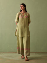 Zuri Border Linen Kurta Set - Fern