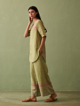 Zuri Border Linen Kurta - Fern