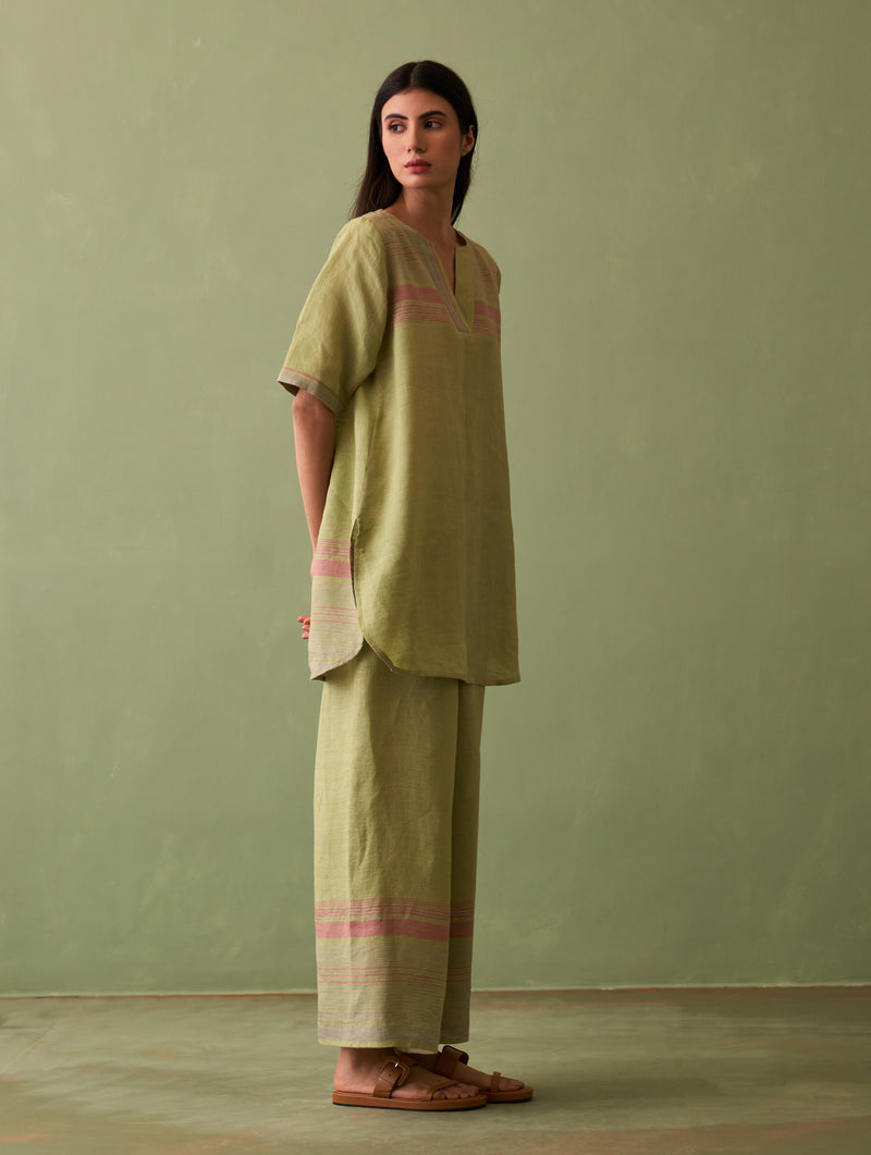 Zuri Border Linen Kurta Set - Fern