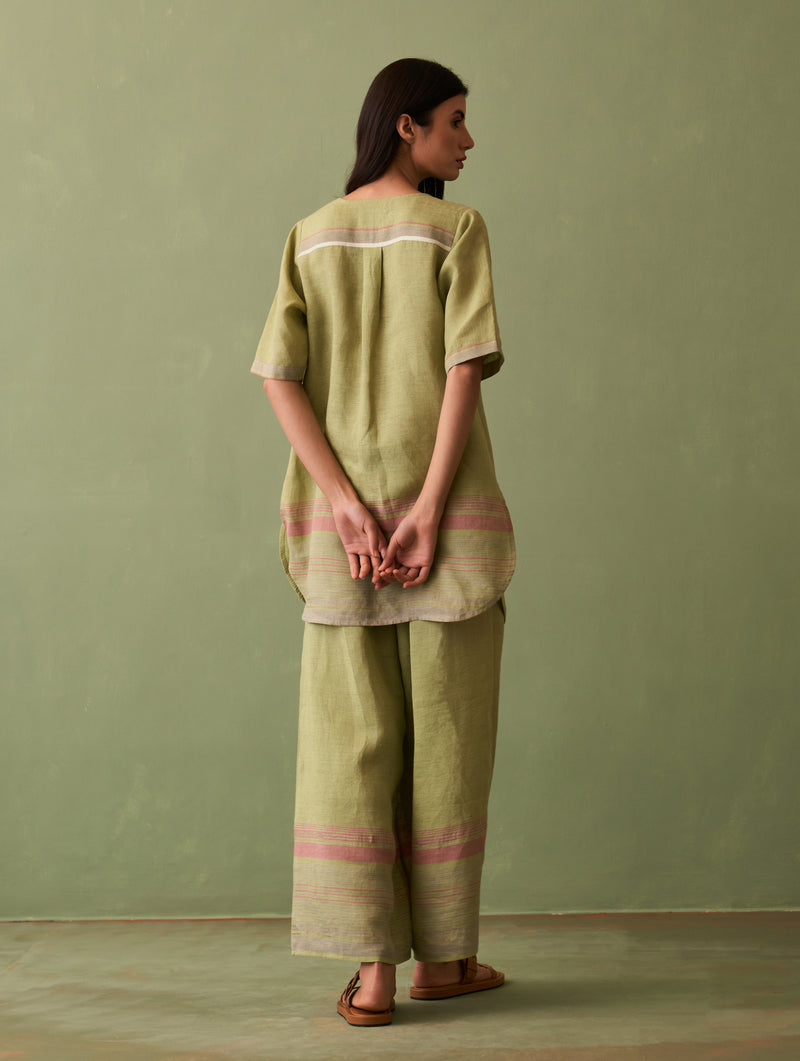 Zuri Border Linen Kurta - Fern