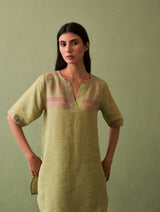 Zuri Border Linen Kurta - Fern