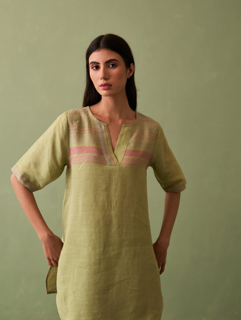 Zuri Border Linen Kurta Set - Fern