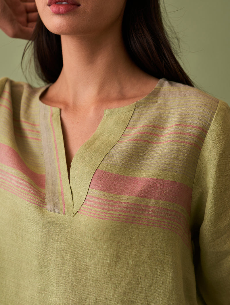 Zuri Border Linen Kurta - Fern