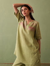 Zuri Border Linen Kurta - Fern