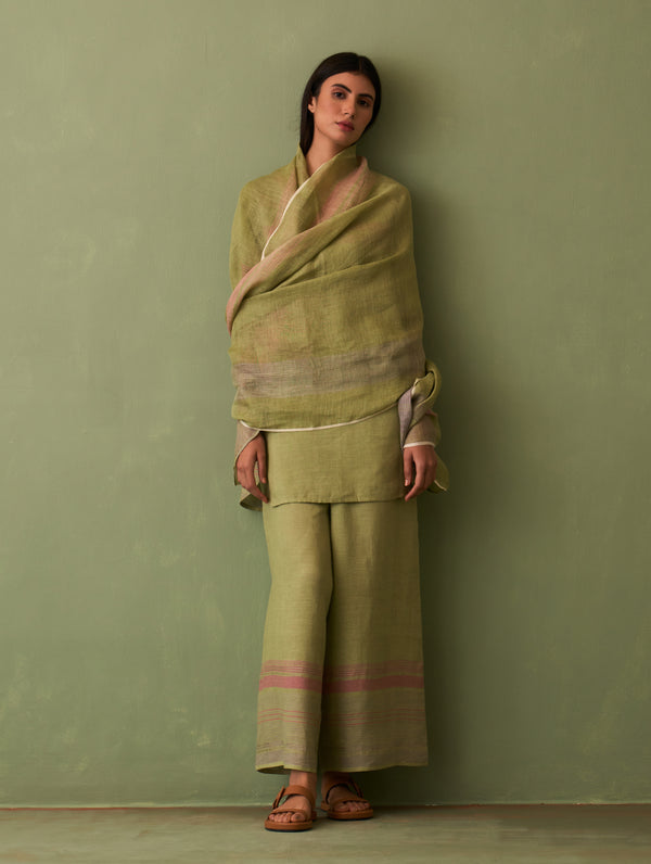 Zuri Border Linen Kurta Set - Fern