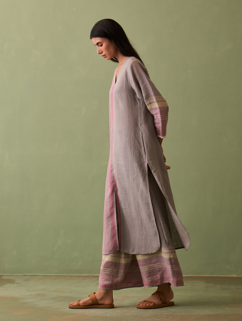 Shaza Border Linen Kurta - Ash