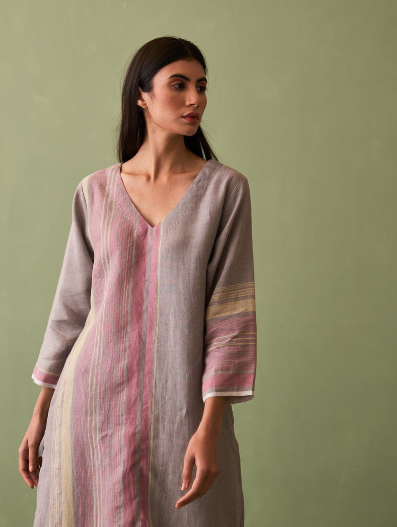 Shaza Border Linen Kurta - Ash