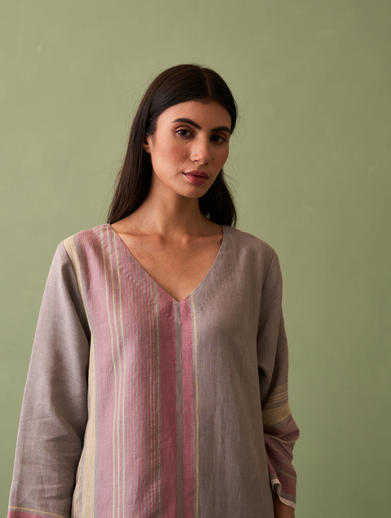 Shaza Border Linen Kurta - Ash