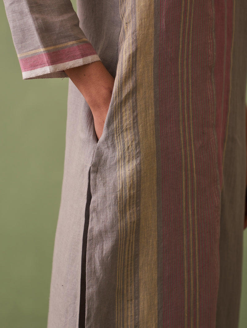 Shaza Border Linen Kurta - Ash