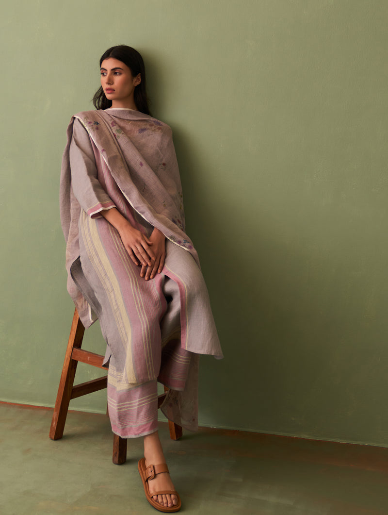 Sera Botanical Linen Dupatta - Ash