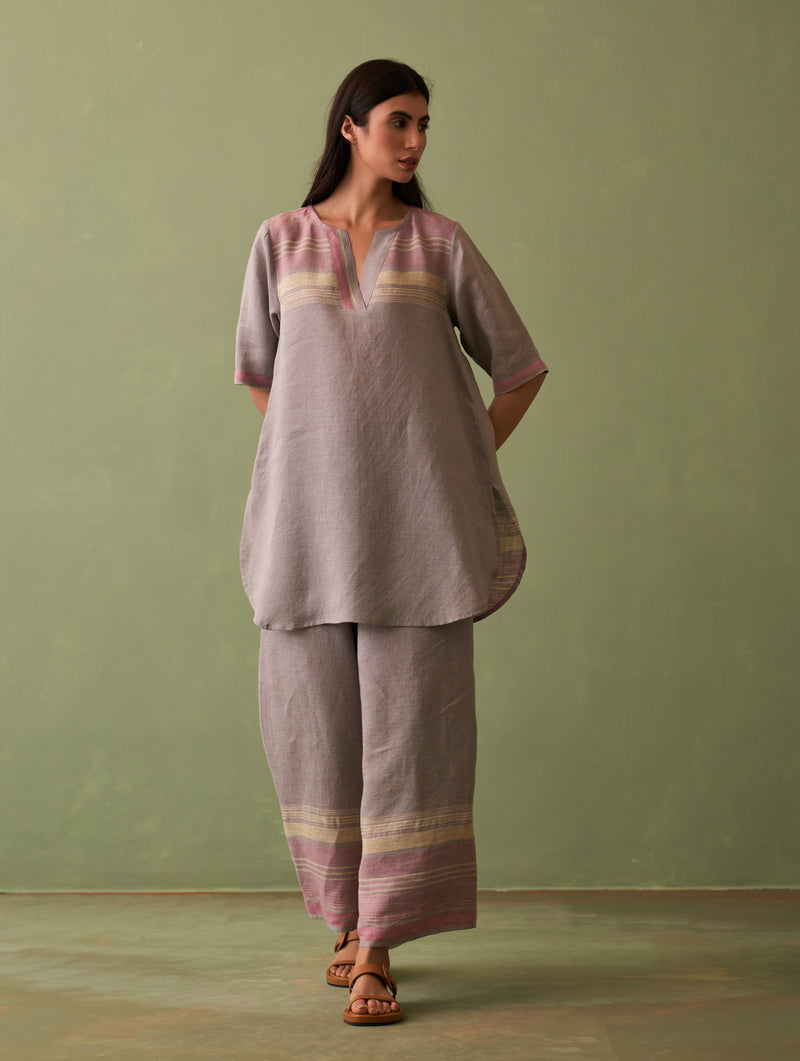 Zuri Border Linen Kurta - Ash