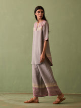 Zuri Border Linen Kurta - Ash