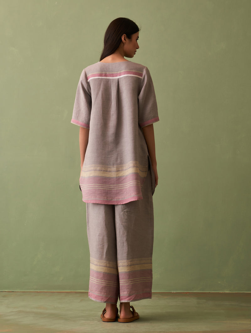 Zuri Border Linen Kurta - Ash