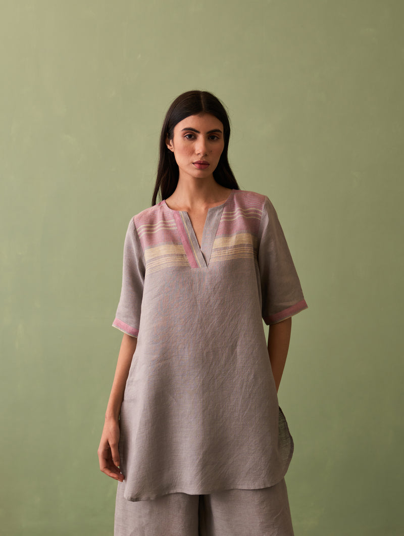 Zuri Border Linen Kurta - Ash