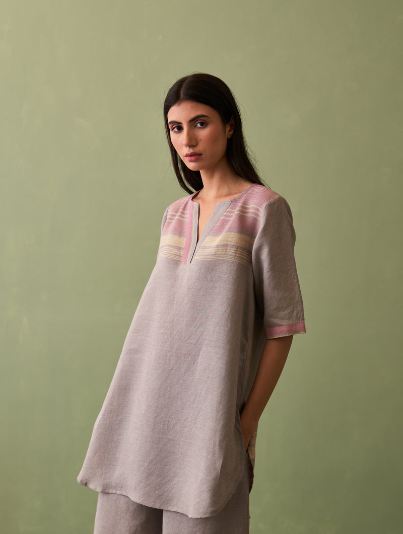 Zuri Border Linen Kurta - Ash