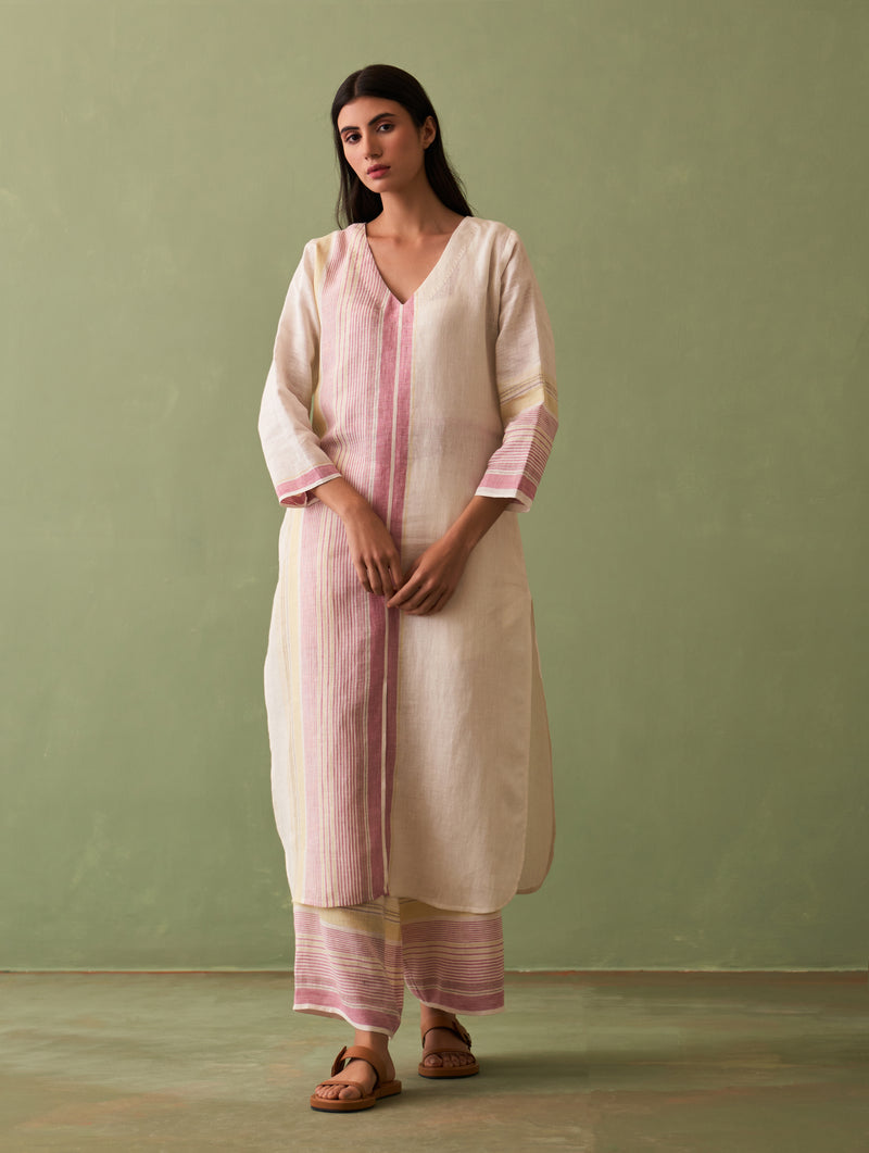 Shaza Border Linen Kurta - Ivory