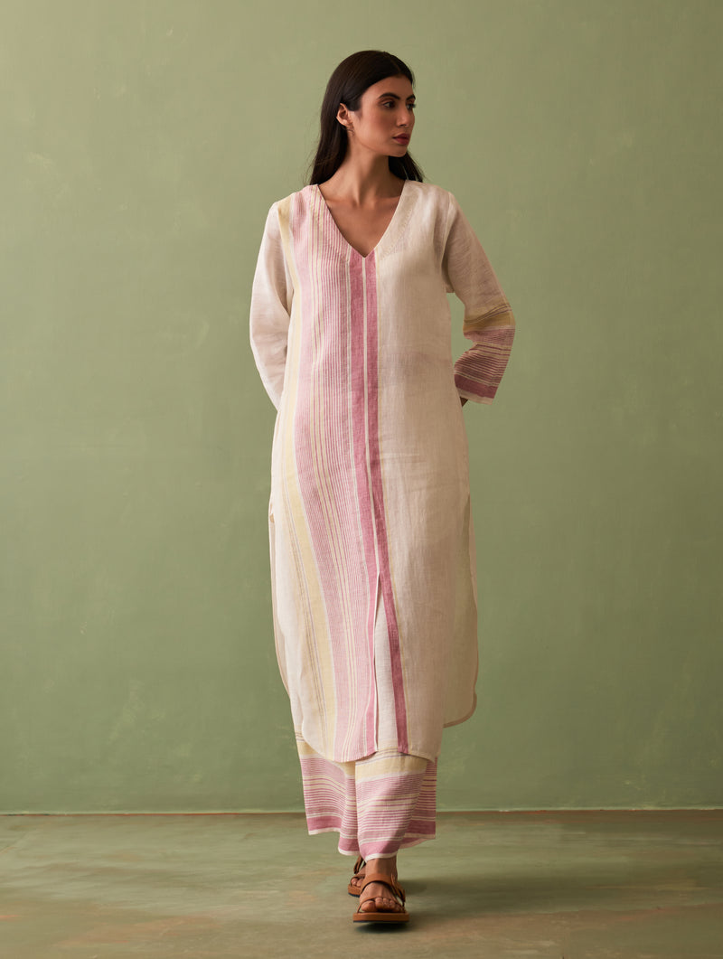 Shaza Border Linen Kurta - Ivory