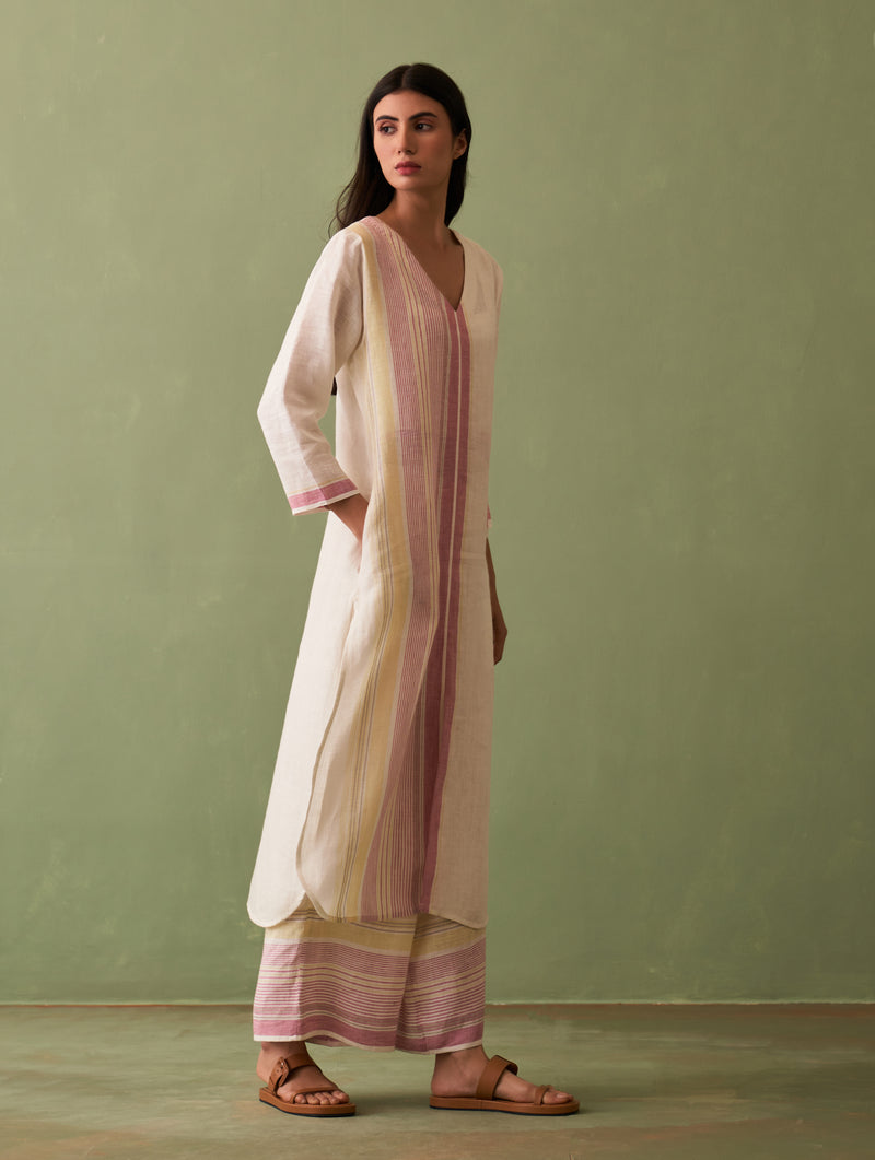 Shaza Border Linen Kurta - Ivory