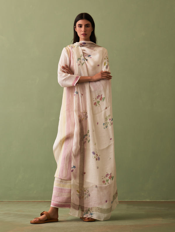 Shaza Border Linen Kurta Set - Ivory