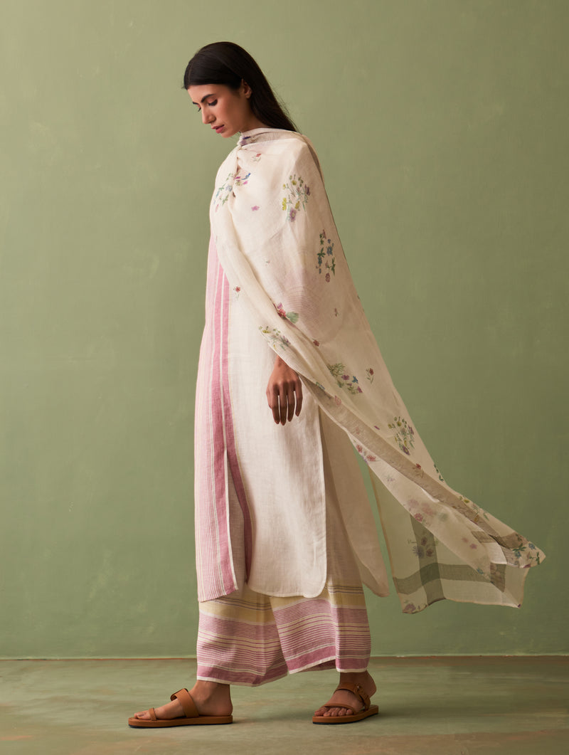 Sera Botanical Linen Dupatta - Ivory