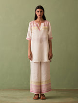 Zuri Border Linen Kurta Set - Ivory