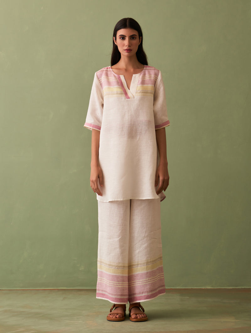 Zuri Border Linen Kurta Set - Ivory