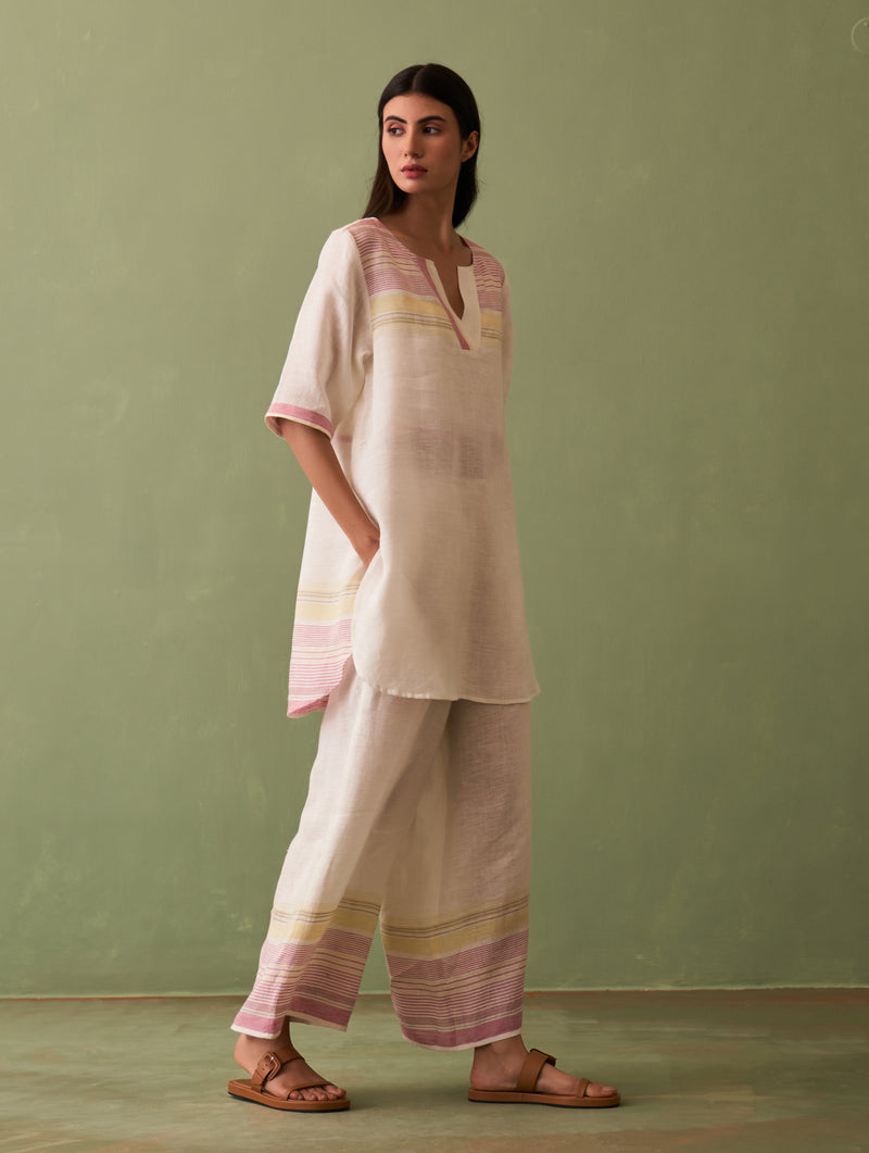 Zuri Border Linen Kurta - Ivory