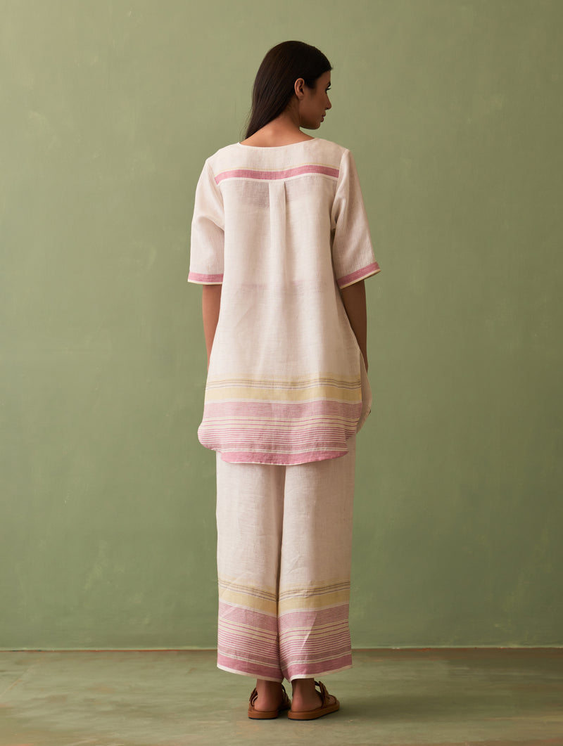 Zuri Border Linen Kurta - Ivory