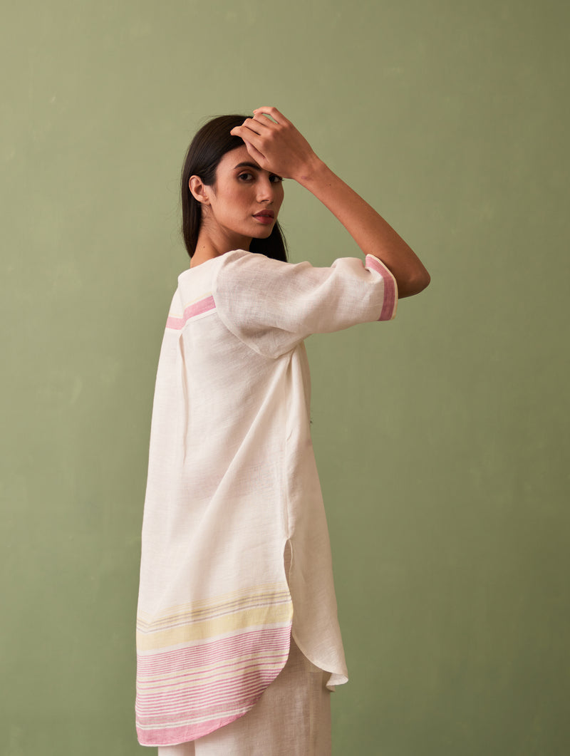 Zuri Border Linen Kurta - Ivory