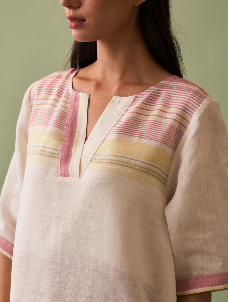 Zuri Border Linen Kurta - Ivory