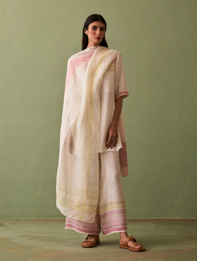 Zuri Border Linen Kurta Set - Ivory