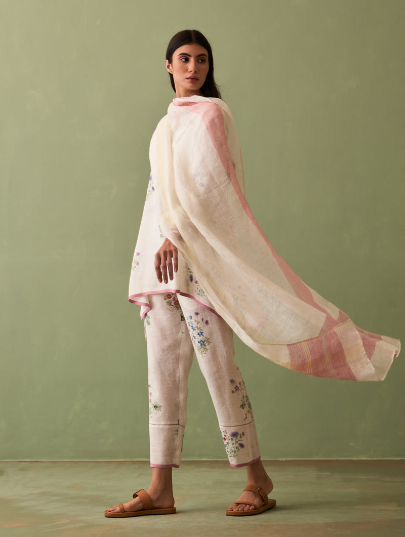 Riko Border Linen Dupatta - Ivory