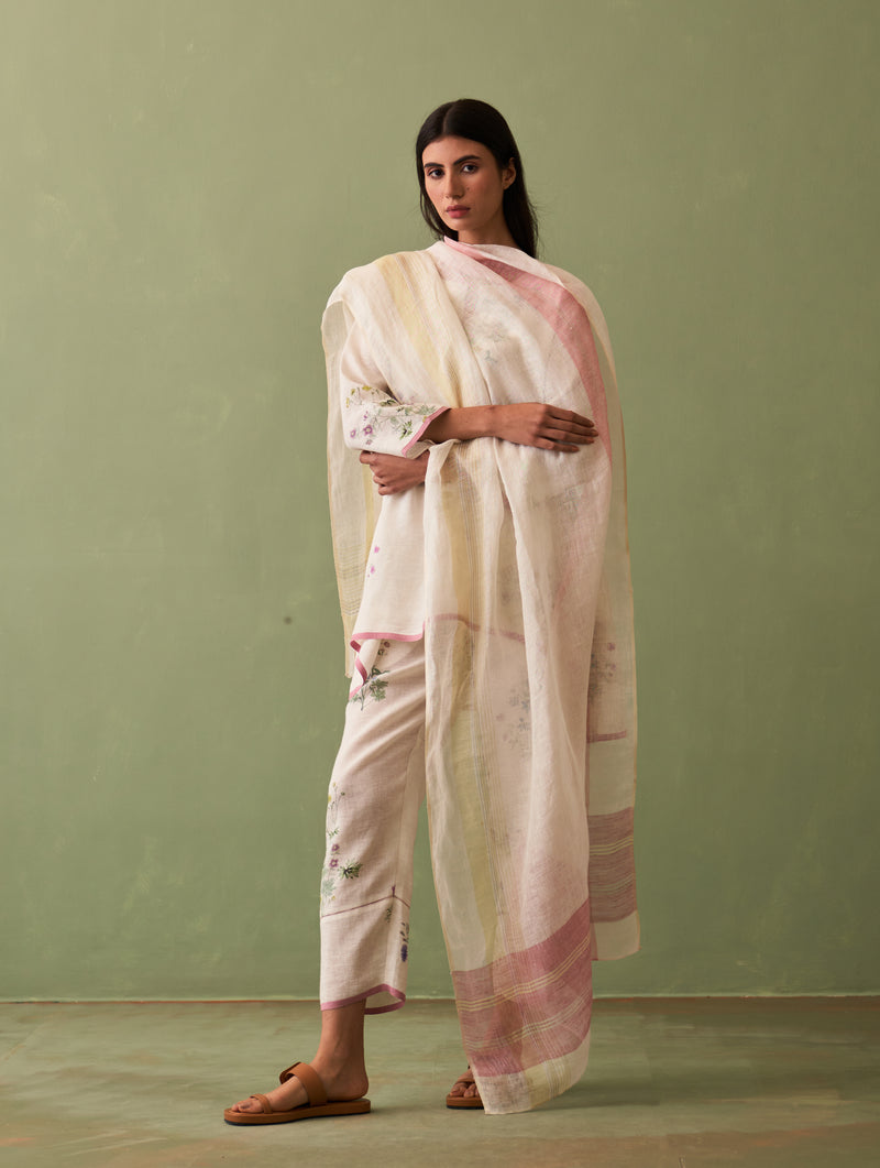 Riko Border Linen Dupatta - Ivory