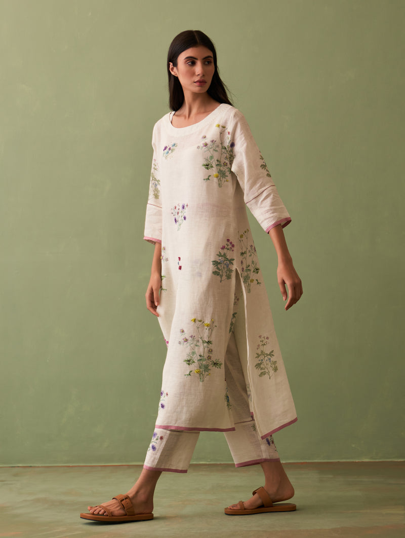 Sakura Botanical Linen Kurta - Ivory