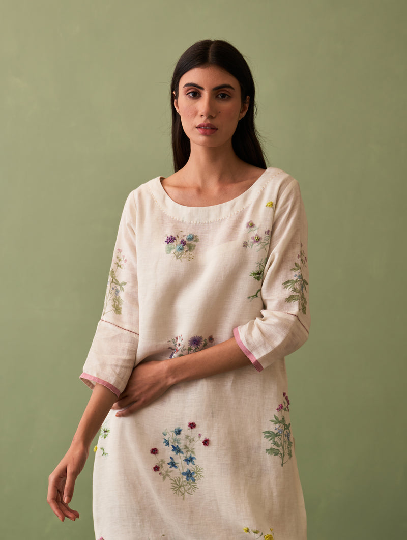 Sakura Botanical Linen Kurta - Ivory