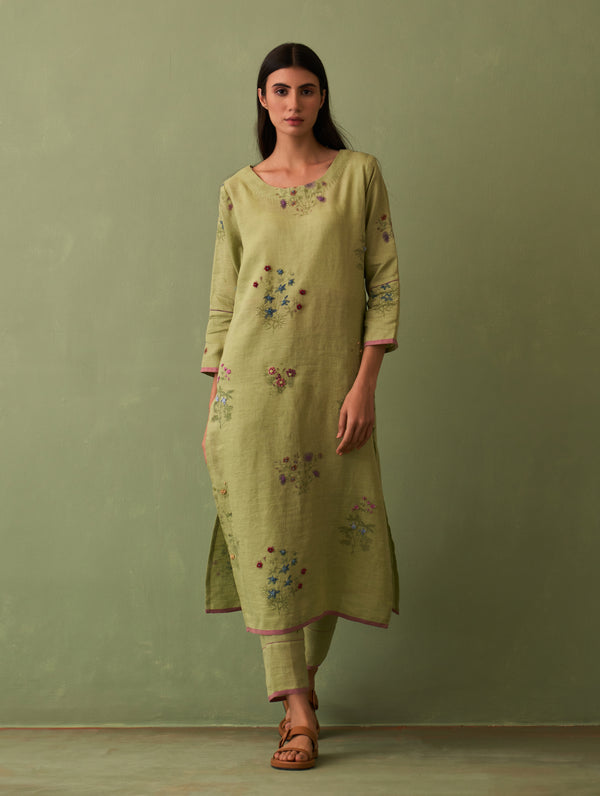 Sakura Botanical Linen Kurta - Fern