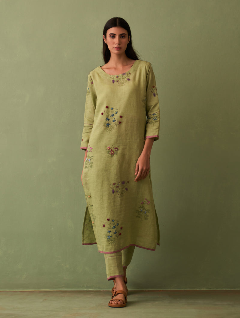 Sakura Botanical Linen Kurta Set - Fern