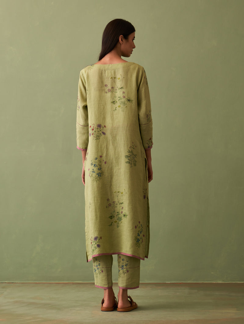 Sakura Botanical Linen Kurta Set - Fern