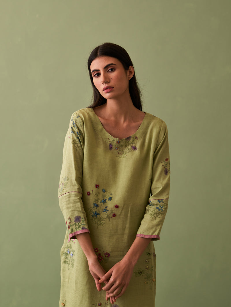 Sakura Botanical Linen Kurta - Fern