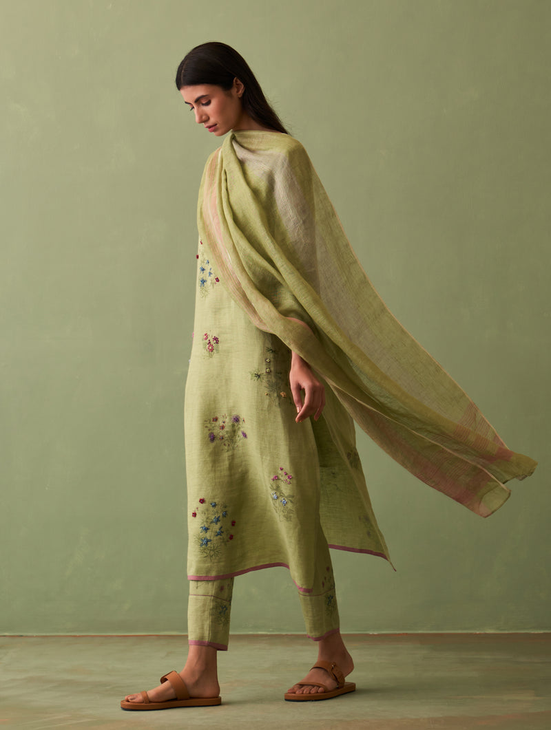 Sakura Botanical Linen Kurta Set - Fern