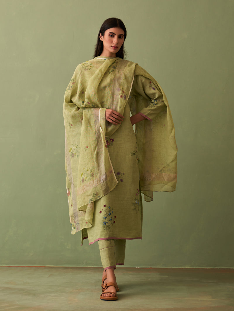 Sera Botanical Linen Dupatta - Fern