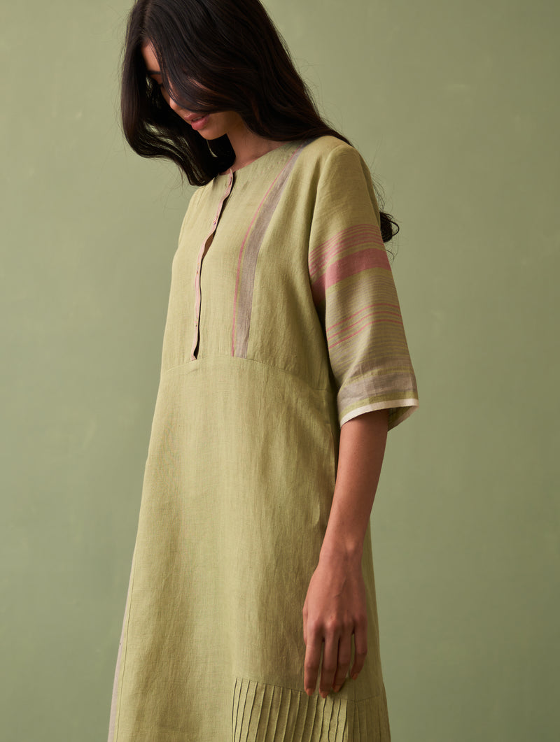 Nia Stripe Linen Dress - Fern