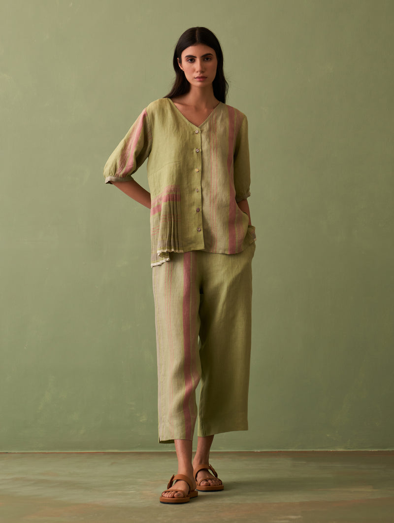 Simer Pleated Linen Top - Fern