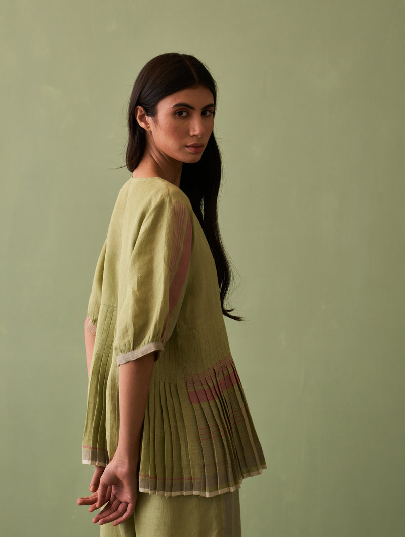 Simer Pleated Linen Top - Fern