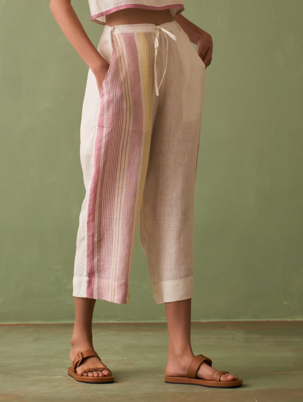 Yuri Border Linen Pant - Ivory