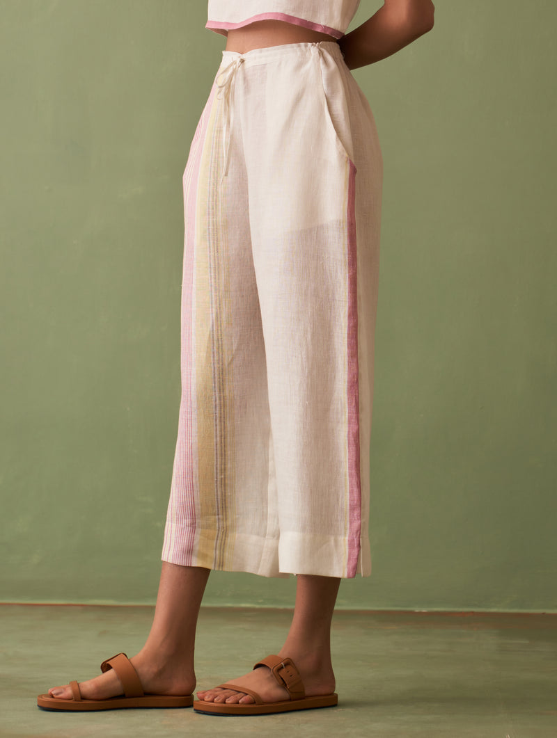 Yuri Border Linen Pant - Ivory