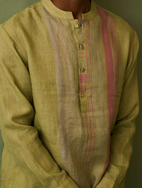 Rin Border Linen Kurta - Fern