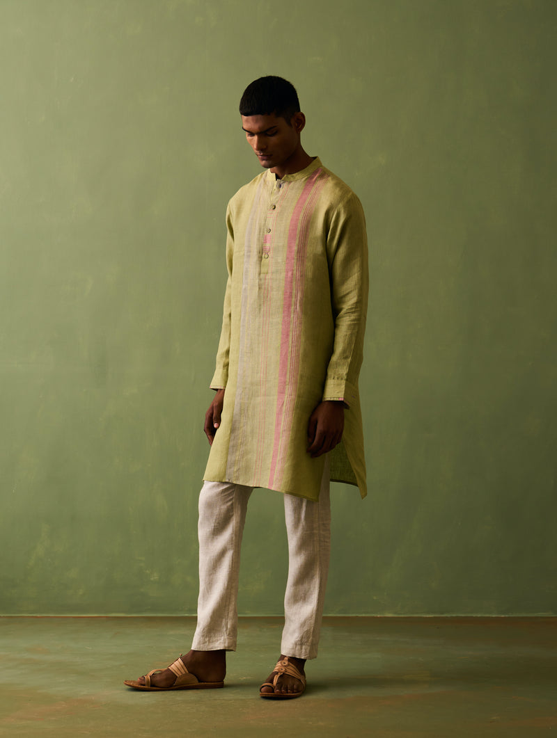 Rin Border Linen Kurta - Fern