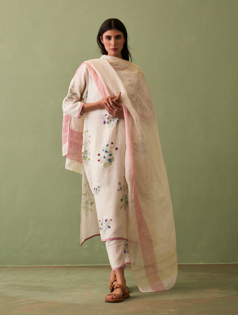 Sakura Botanical Linen Kurta Set - Ivory