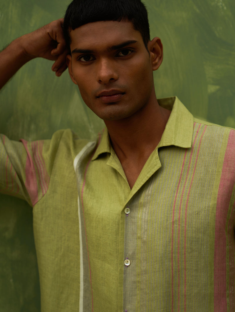 Mako Border Linen Shirt - Fern